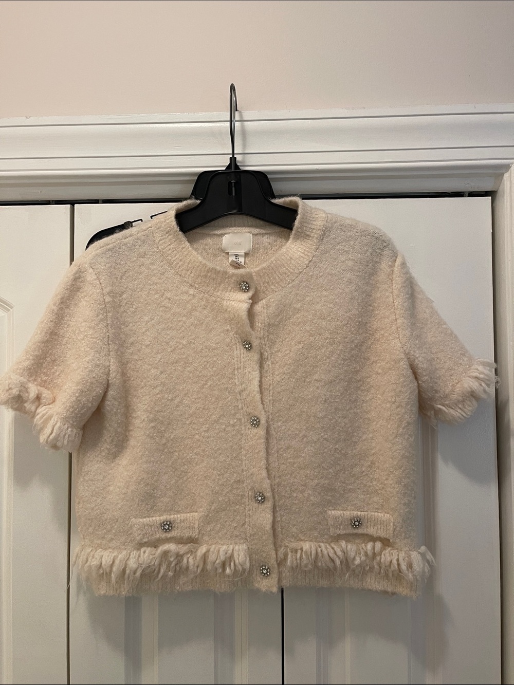 H&M Cream Short-Sleeve Textured Fringe Cardigan